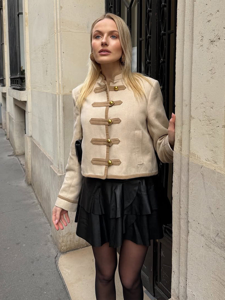 Women Short Military Inspired Jacket with Stand Collar and Decorative Button Placket Mune Fashion