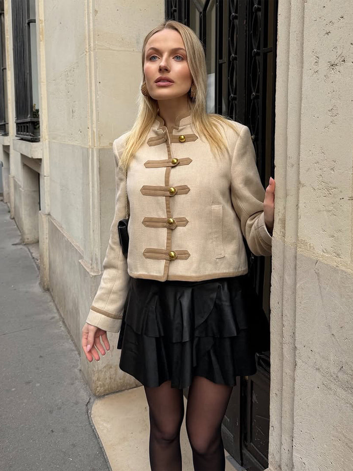 Women Short Military Inspired Jacket with Stand Collar and Decorative Button Placket Mune Fashion