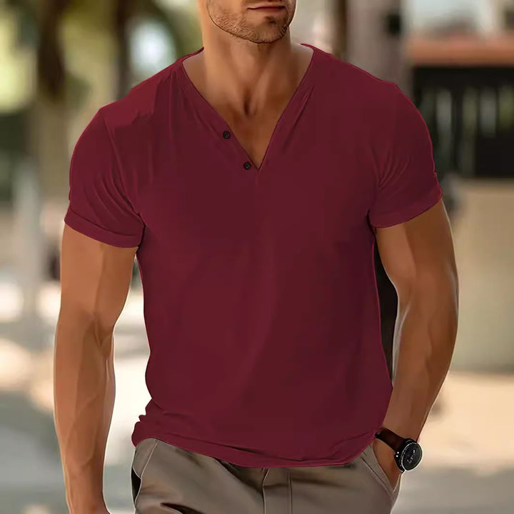 Men's short-sleeved Henley shirt with V-neck and two-button placket made of cotton blend Mune Fashion