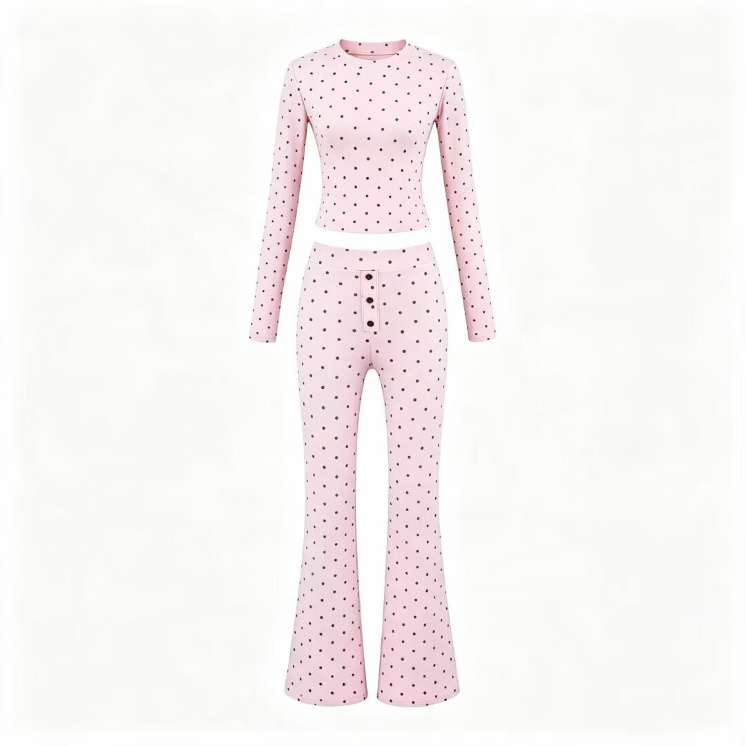 Women Two-Piece Stretch Jersey Lounge Set with Cropped Long Sleeve and High-Waist Flared Pants Mune Fashion