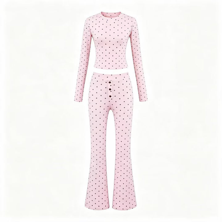 Women Two-Piece Stretch Jersey Lounge Set with Cropped Long Sleeve and High-Waist Flared Pants Mune Fashion