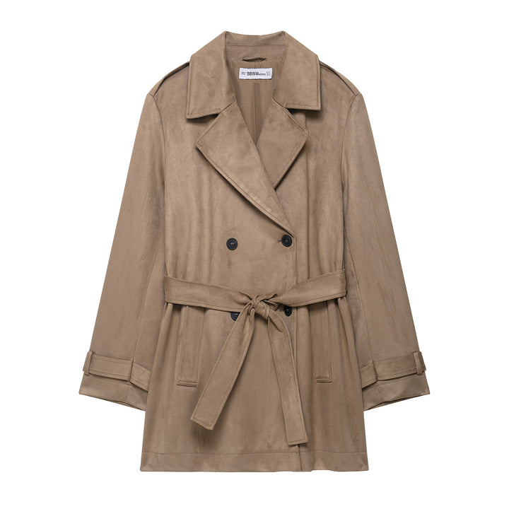 Ladies trench coat in velour leather look double-breasted with waist belt Mune Fashion