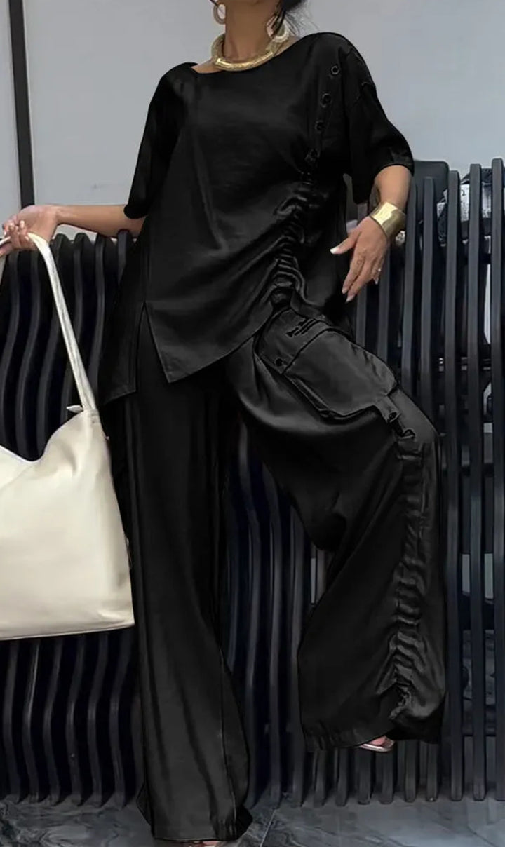 Women's nan legeres two-piece set with oversized round neck shirt, side gathering and wide cargo pants Mune Fashion