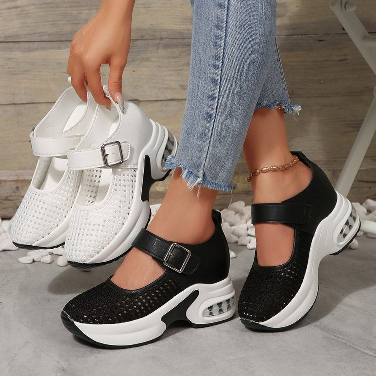 Women's Mary Jane style strap sneakers with visible air cushioning and perforated upper material Mune Fashion