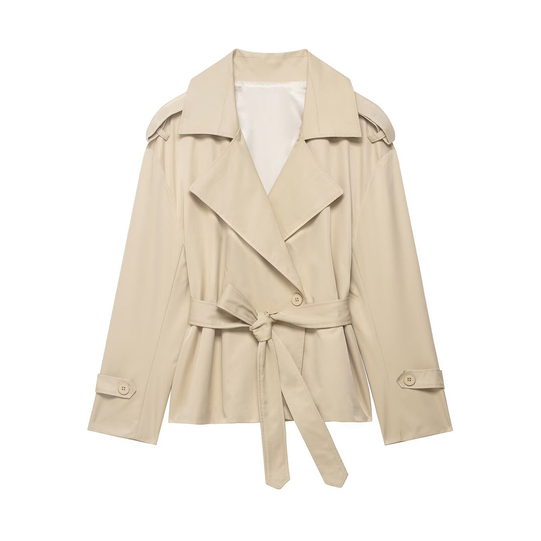 Women's Lightly Tailored Trench Coat with Belt, Epaulettes and Satin Lining Mune Fashion