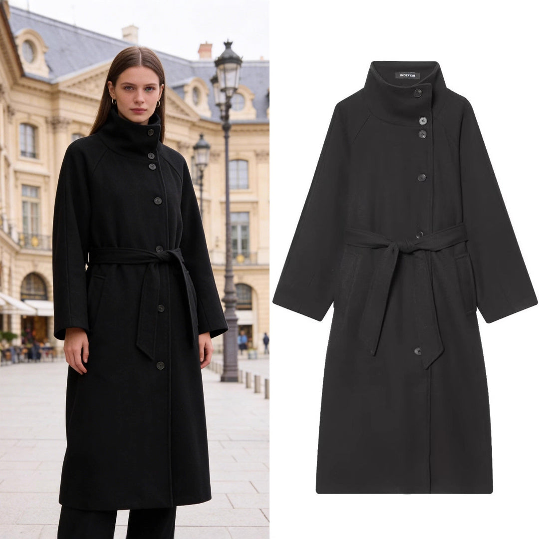 Ladies wool coat with waist belt, stand-up collar and raglan sleeves Mune Fashion