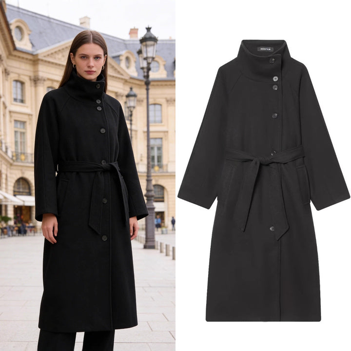 Ladies wool coat with waist belt, stand-up collar and raglan sleeves Mune Fashion