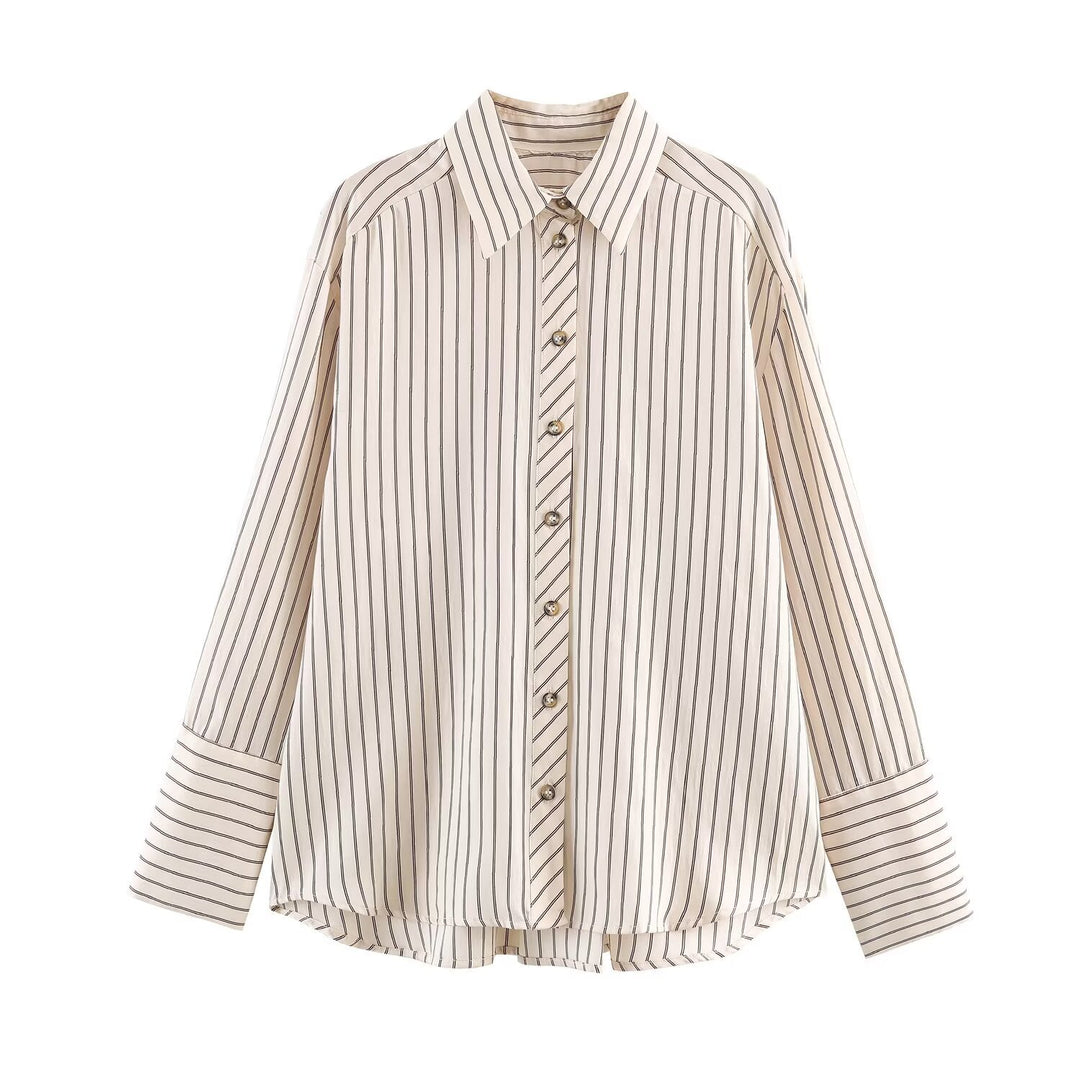 Women’s oversized blouse with stripe pattern, extended cuffs and concealed button placket Mune Fashion