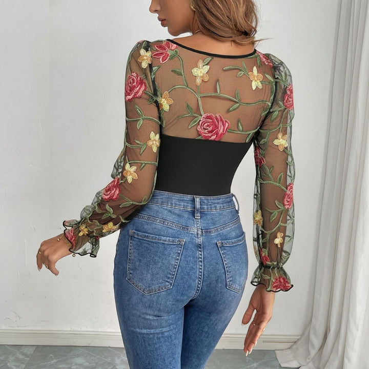 Women's shaping mesh bodysuit with corset look, balconette neckline and embroidered sheer sleeves Mune Fashion
