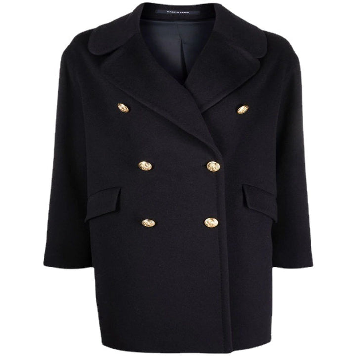 Women's Boxy Double-Breasted Short Coat made of Wool Blend with Golden Decorative Buttons Mune Fashion