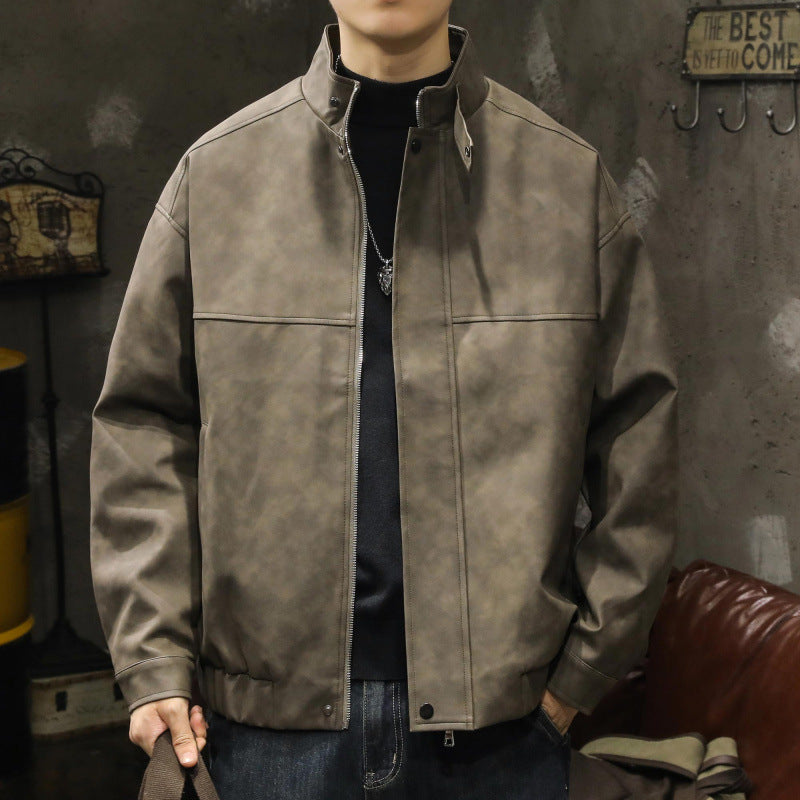 Men's Boxy Leather-Look Blouson with concealed zipper placket, stand collar, and elastic waistband Mune Fashion