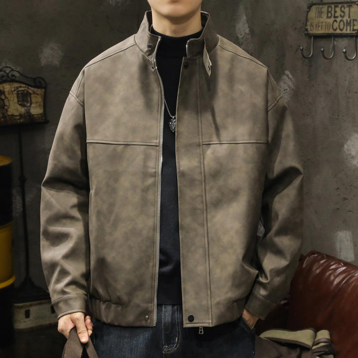 Men's Boxy Leather-Look Blouson with concealed zipper placket, stand collar, and elastic waistband Mune Fashion