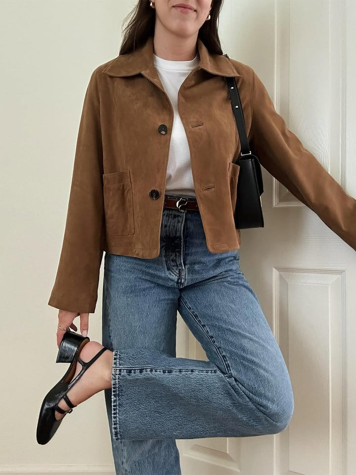 Women Short Cut Suede Jacket with Shirt Collar and Patch Pockets Mune Fashion