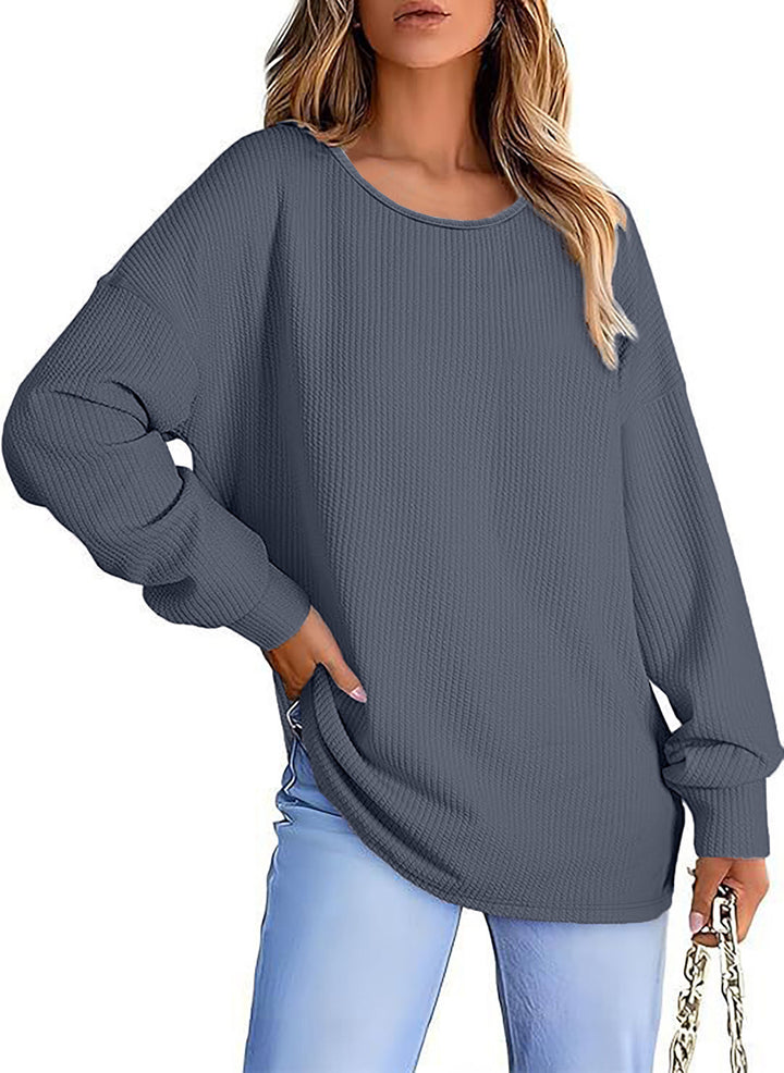 Women's Oversize Waffle Knit Sweater with Round Neck, Balloon Sleeves, and Extended Hem Mune Fashion