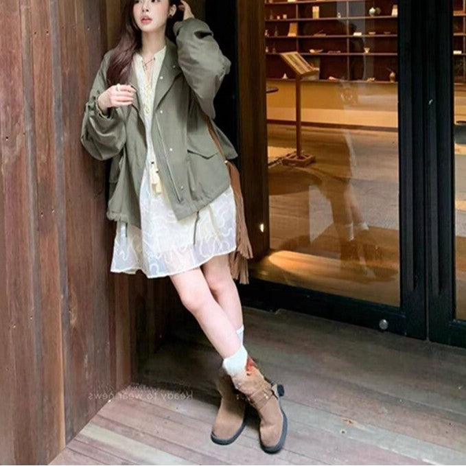Women's Boxy Short Jacket in Oversized Cut with Stand Collar, Drawstring Hem and Flap Pockets Mune Fashion