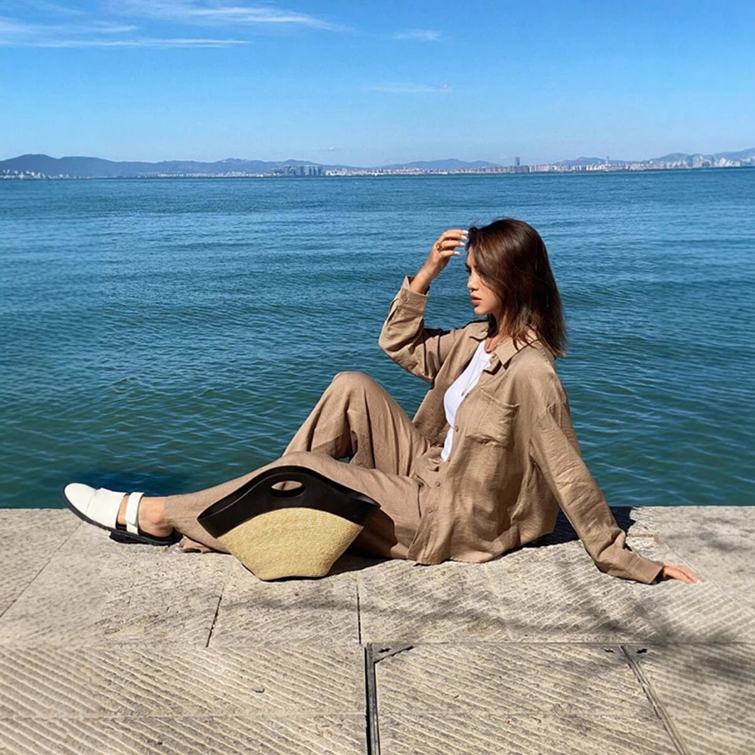 Women's relaxed linen lounge set with oversized shirt and drawstring palazzo pants Mune Fashion