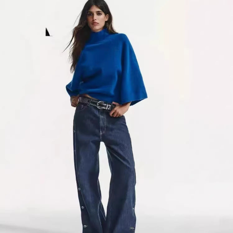 Women Oversize Knit Poncho with Roll Neck and Raglan Sleeves Mune Fashion