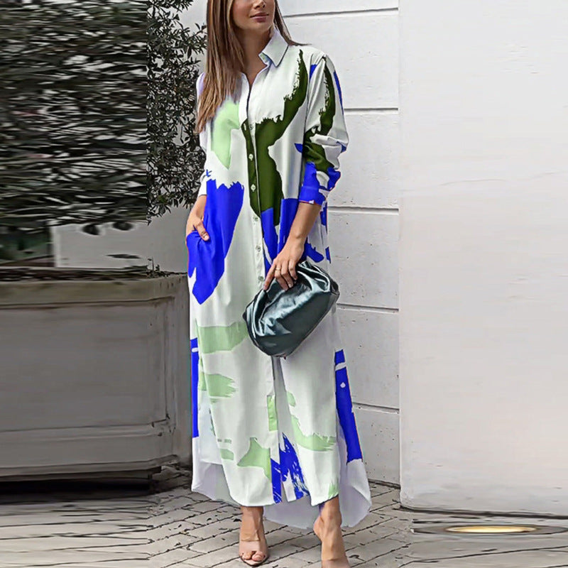 Women's Long Shirt Dress with Abstract Brush Print and Side Pockets Mune Fashion