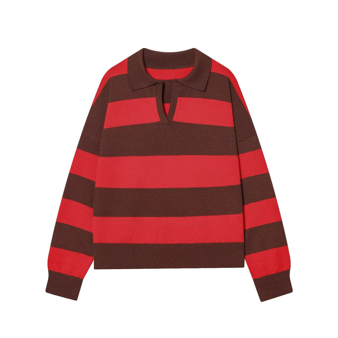 Women Oversize Cropped Rugby Sweater with Polo Collar and V-Neck Mune Fashion
