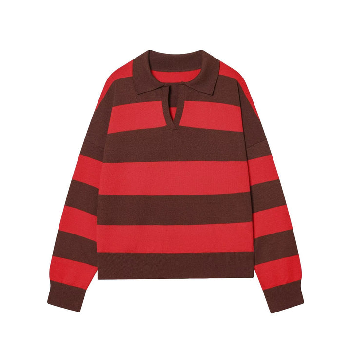Women Oversize Cropped Rugby Sweater with Polo Collar and V-Neck Mune Fashion