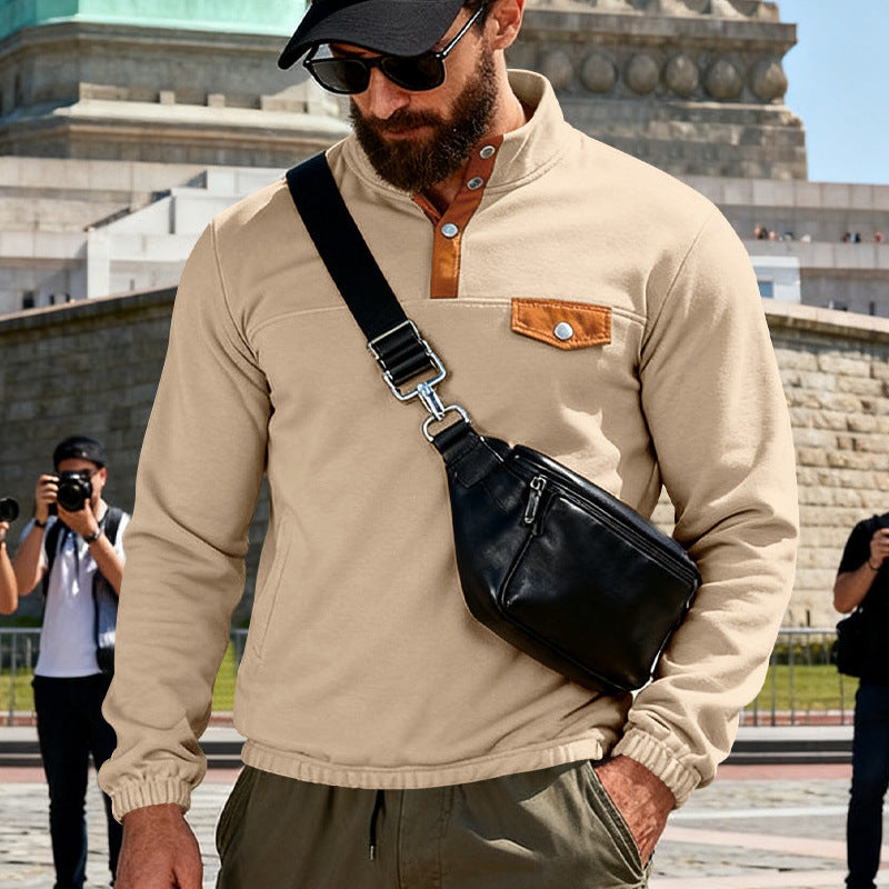 Men's functional sweat with stand-up collar, snap button placket and faux leather trim Mune Fashion