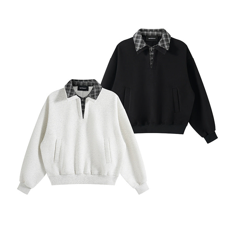 Unisex layered look sweatshirt with sewn-in check collar and side pocket openings Mune Fashion