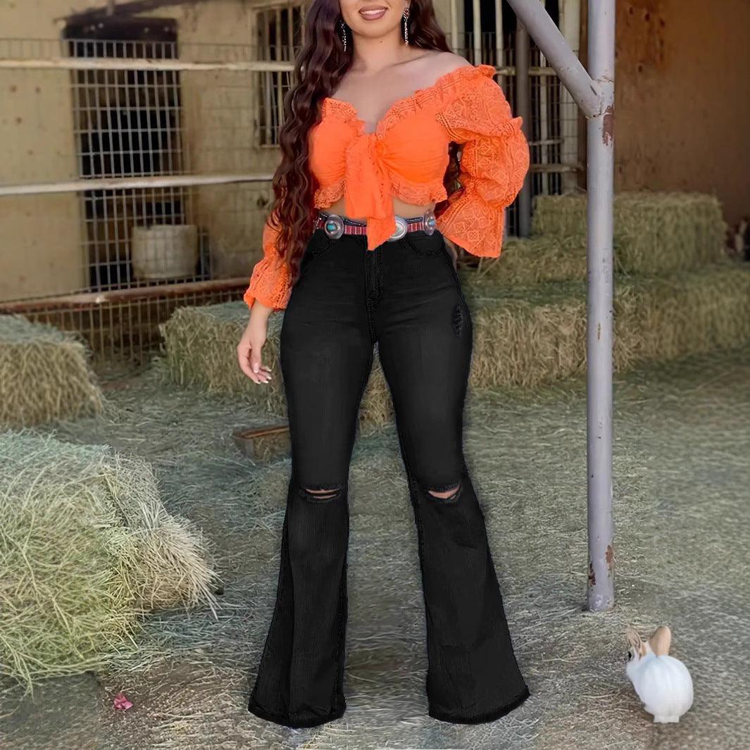 Women's High-Waist Bootcut Jeans with Knee Rips and Figure-Hugging Sculpting Cut Mune Fashion