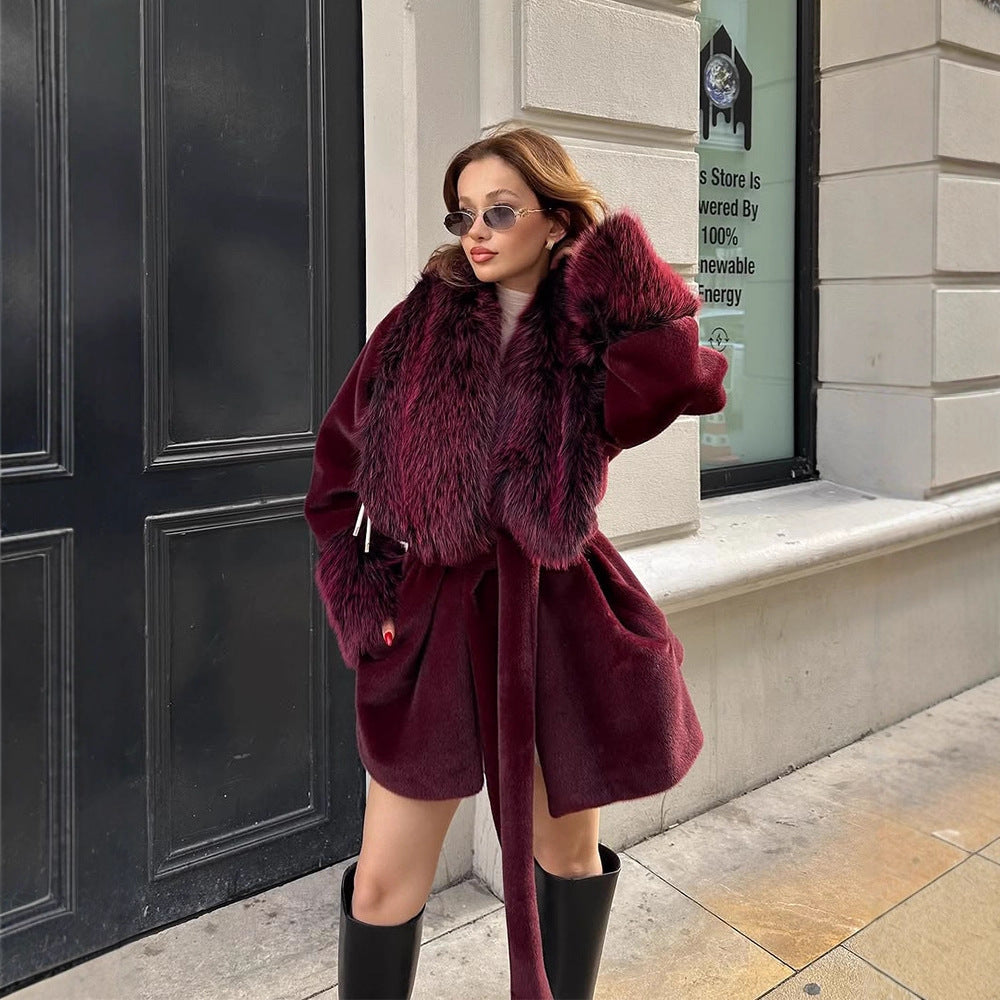 Women's Short Faux Fur Coat with Voluminous Shawl Collar, Waist Belt, and Fur Cuffs Mune Fashion