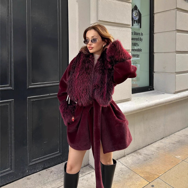 Women's Short Faux Fur Coat with Voluminous Shawl Collar, Waist Belt, and Fur Cuffs Mune Fashion