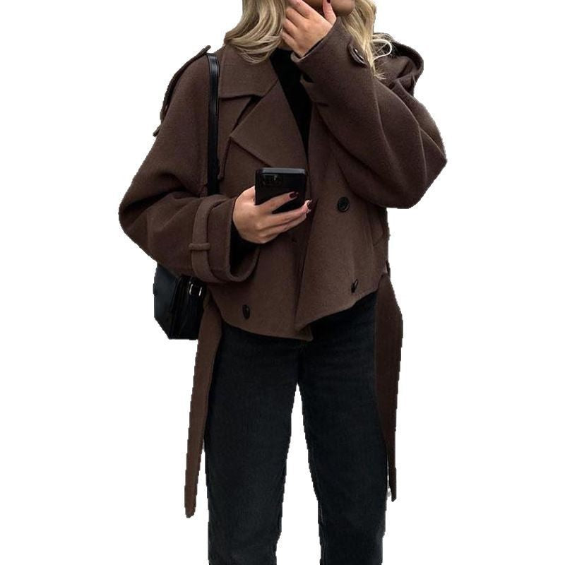 Women's Short Wool Peacoat with Wide Lapels, Tie Belt and Roll-Up Sleeves Mune Fashion