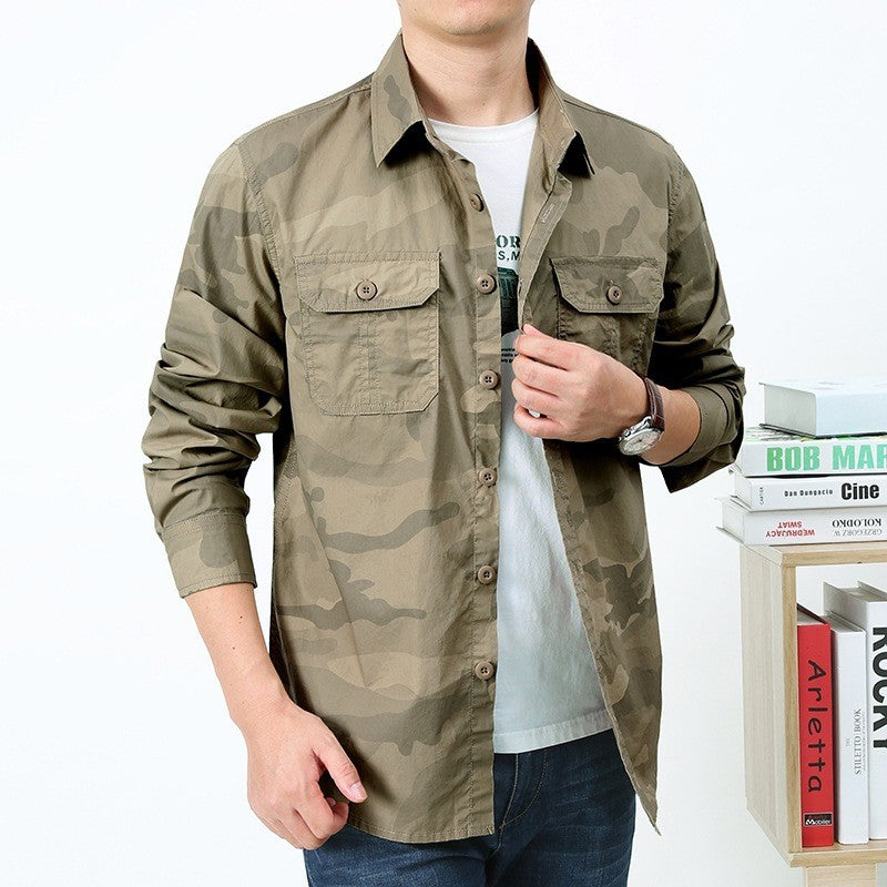 Men's military-inspired overshirt made of cotton blend with camouflage pattern, flap chest pockets, and regular fit Mune Fashion