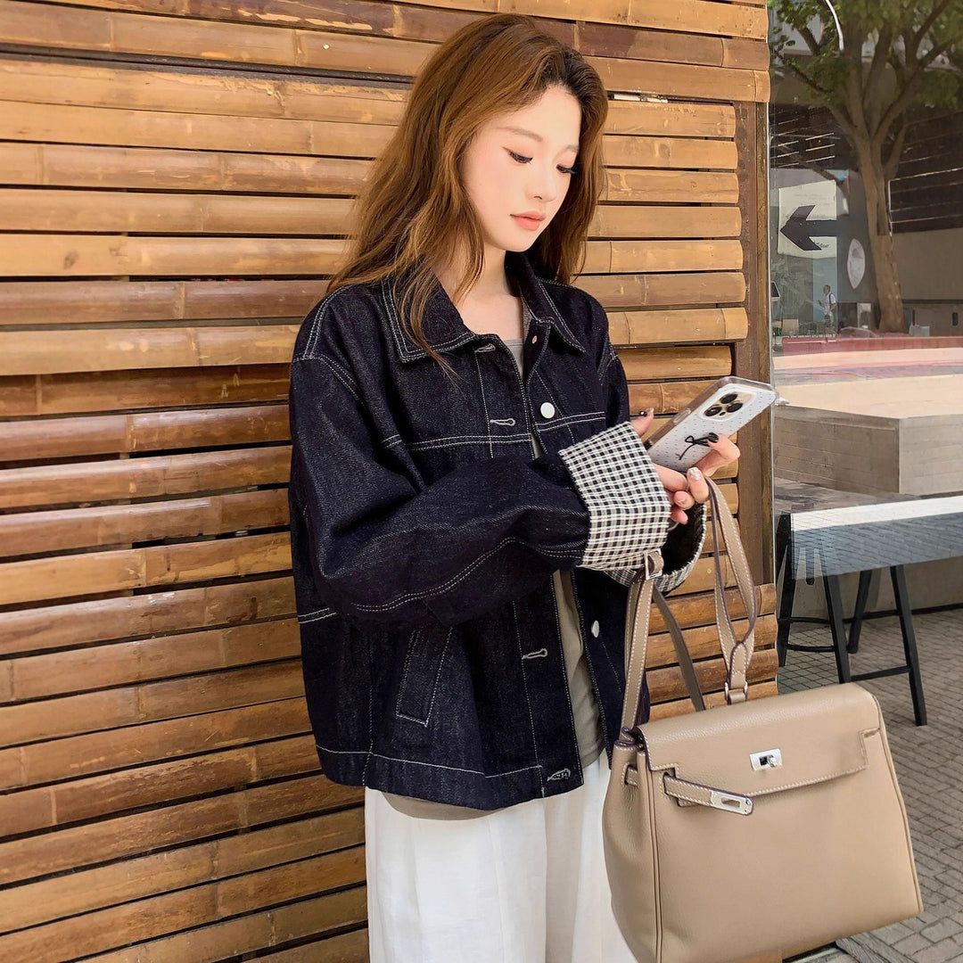Women Boxy Denim Jacket with contrasting seams, drawstring hem and checked cuffs Mune Fashion