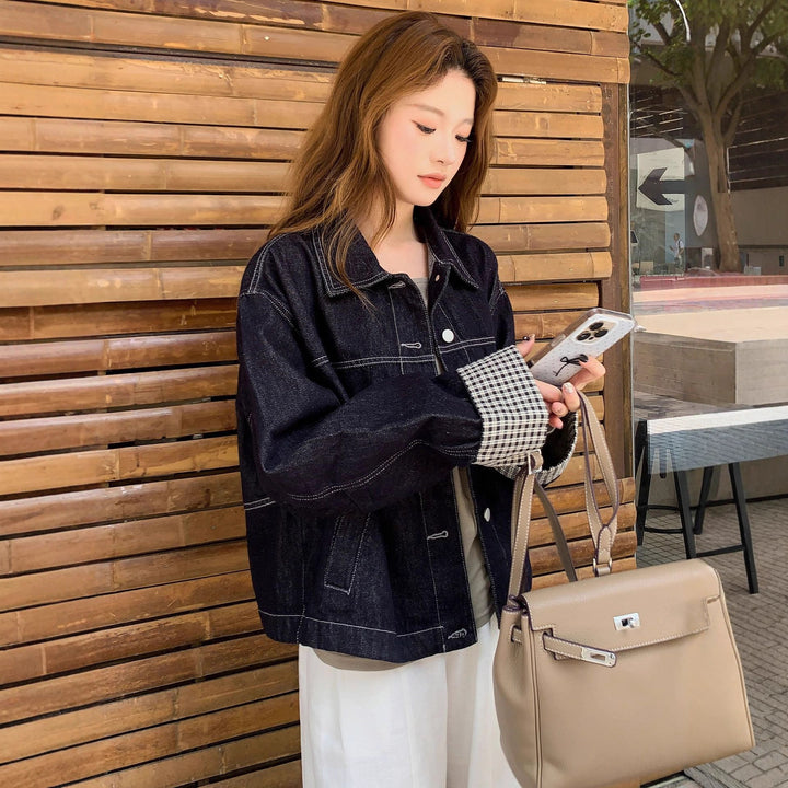 Women Boxy Denim Jacket with contrasting seams, drawstring hem and checked cuffs Mune Fashion