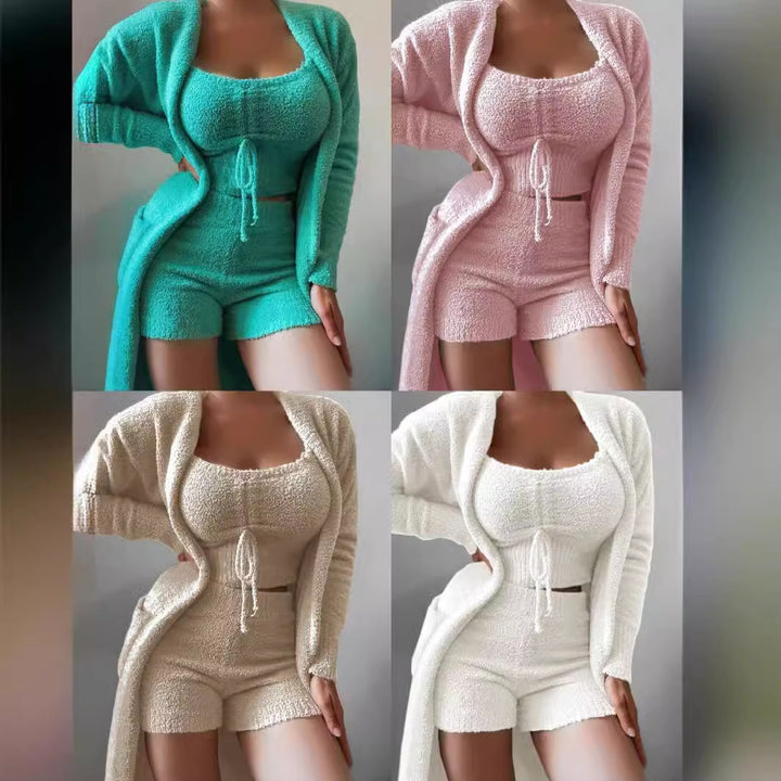 Women's luxurious teddy fleece lounge set with long cardigan, gathered cropped bustier and high waist pants Mune Fashion