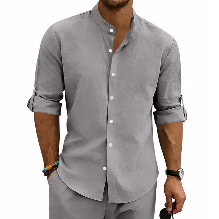 Men's Modern Linen Blend Shirt with Stand Collar, Roll-up Sleeves and Narrow Placket Mune Fashion