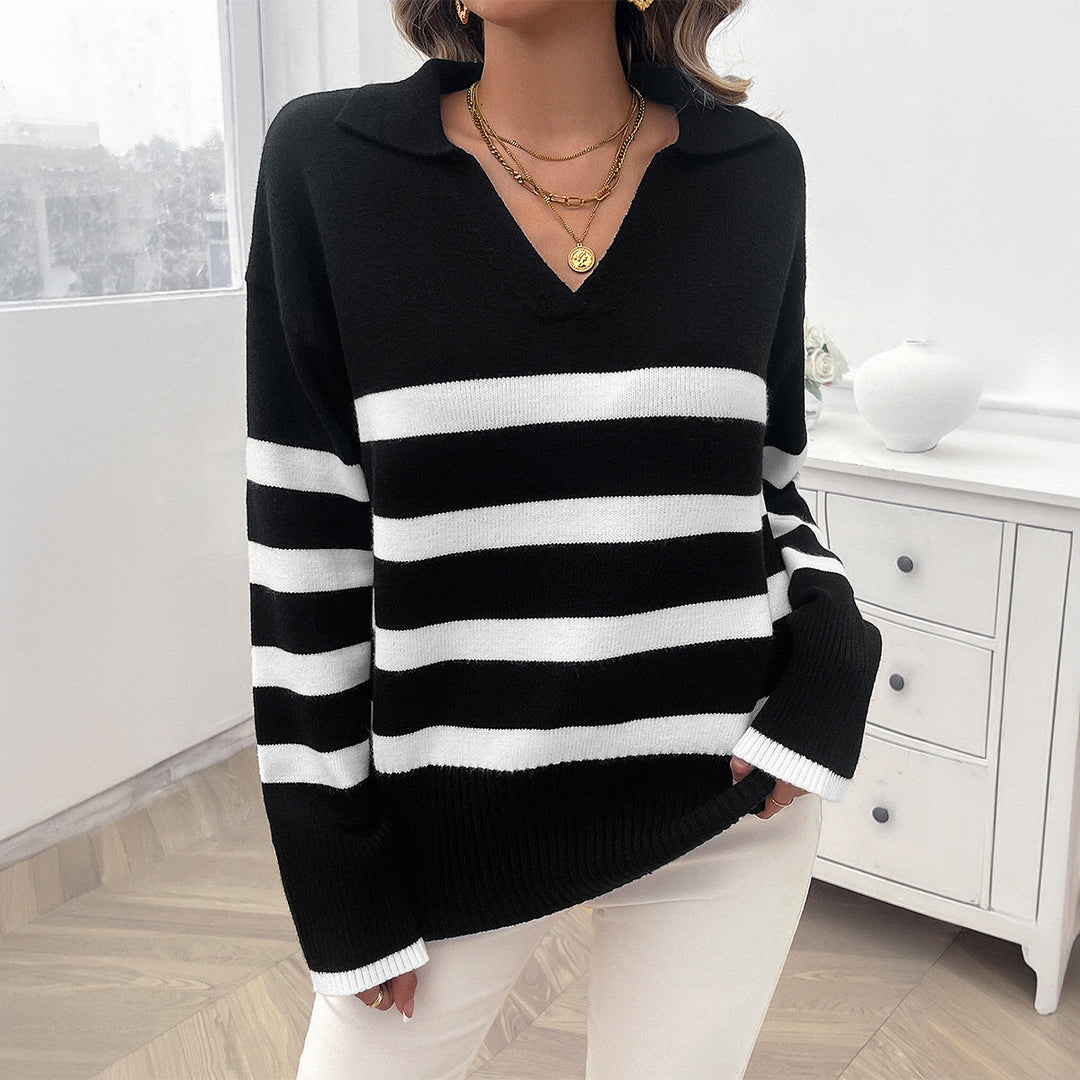 Women's casual V-neck knitted sweater with polo collar, ribbed sleeve cuffs, and bold block stripes Mune Fashion