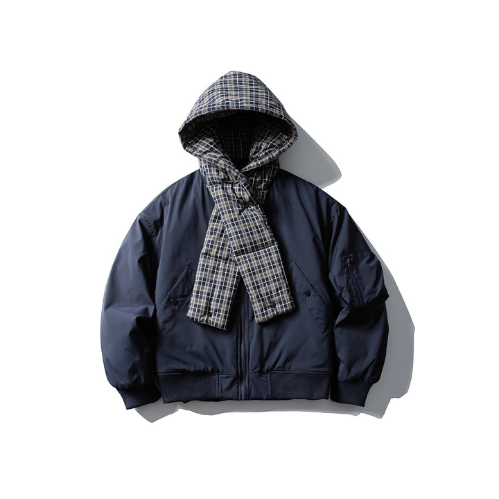 Men's Windproof Bomber Jacket with Quilted Checkered Hood and Integrated Scarf Mune Fashion