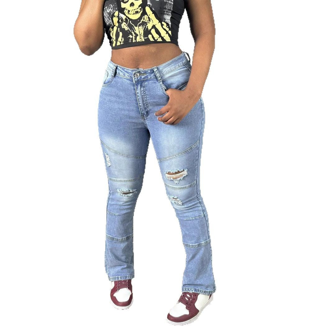 Women High-Waisted Distressed Flared Jeans with Panel Seams Mune Fashion