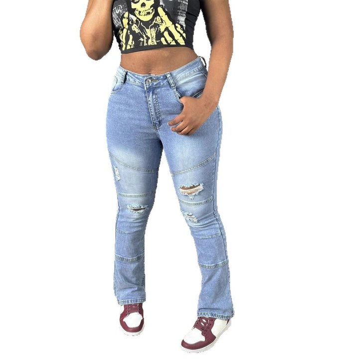 Women High-Waisted Distressed Flared Jeans with Panel Seams Mune Fashion