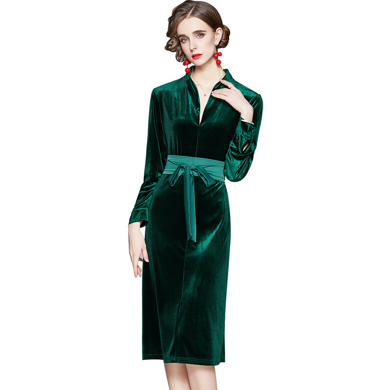 Women Velvet Midi Dress with Stand-up Collar and Fitted Tie Belt Mune Fashion
