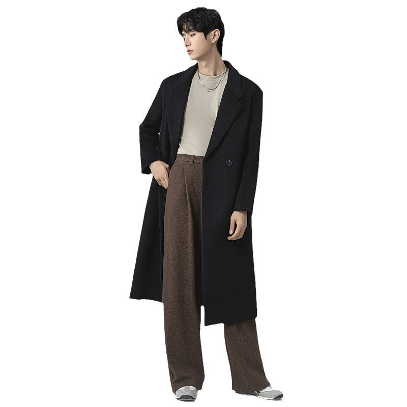 Men's Maxi-Length Wool Blend Coat with Concealed Button Placket and Draped Shawl Collar Mune Fashion