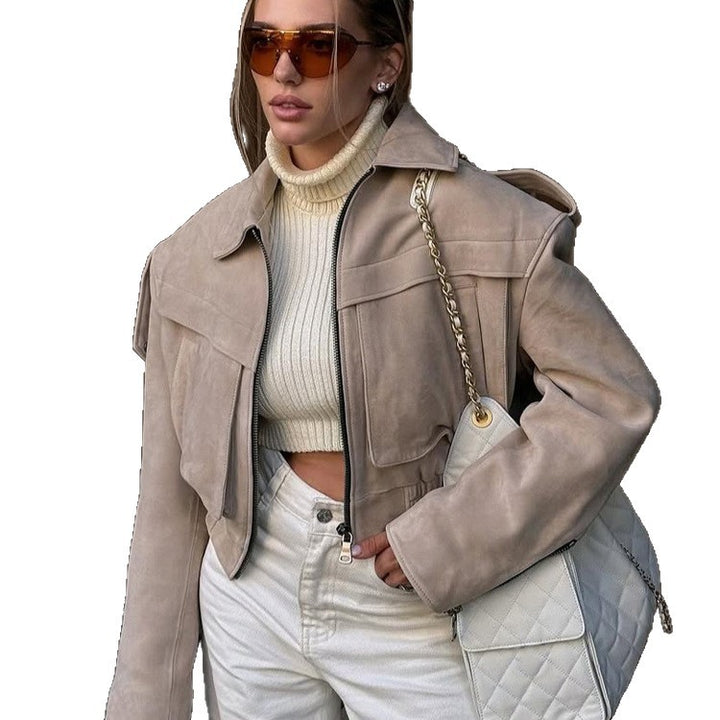 Women short blazer made of suede leather look with oversized shoulder and concealed zipper Mune Fashion