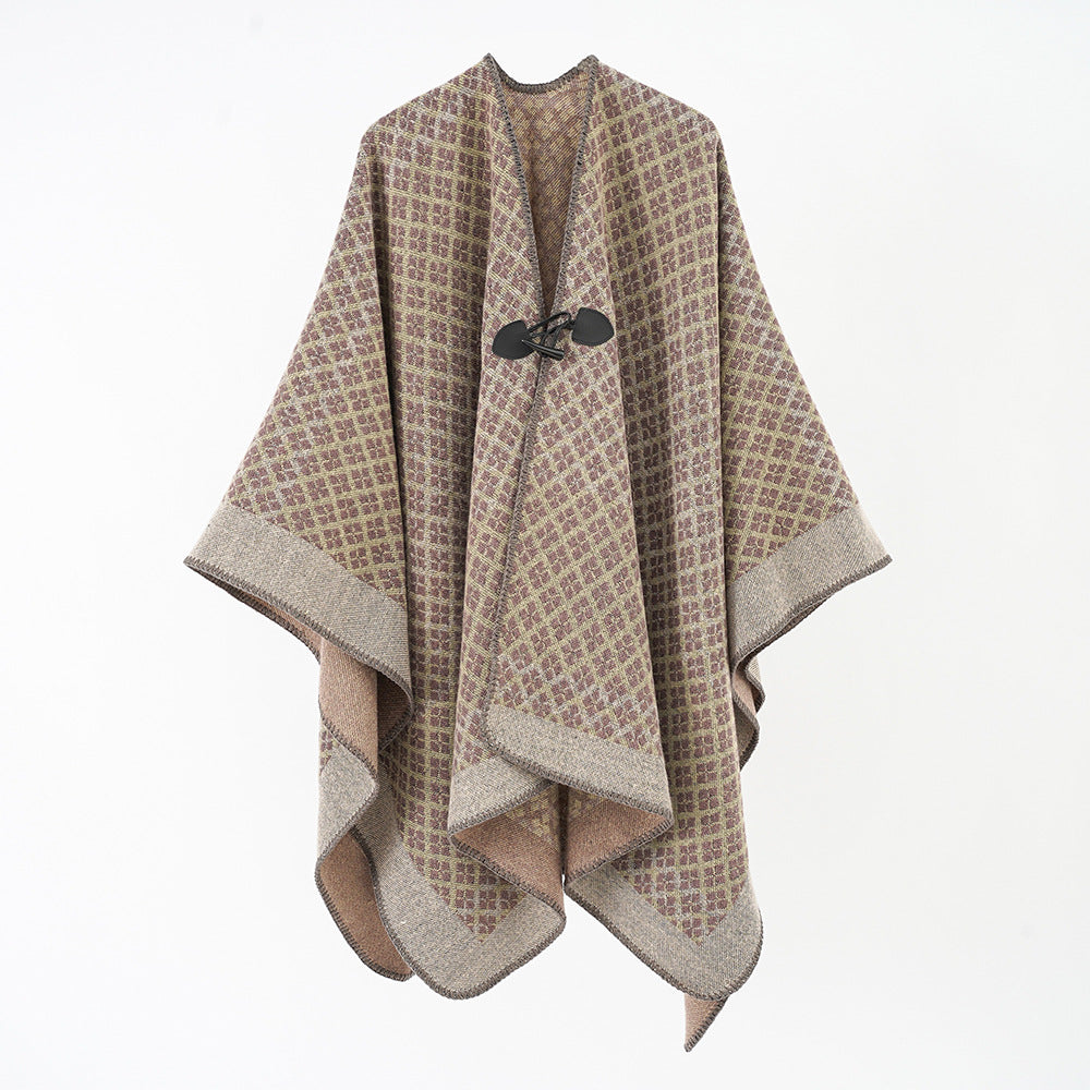 Women's wool poncho with geometric check pattern and toggle closure Mune Fashion
