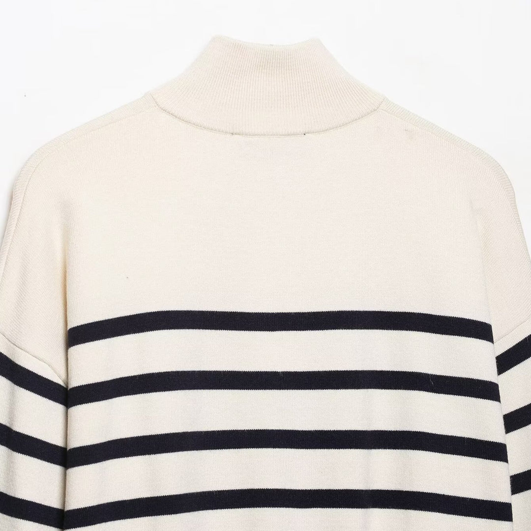 Women's Cropped Boxy Knit Sweater with Half Zipper, Stand Collar and Wide Stripes