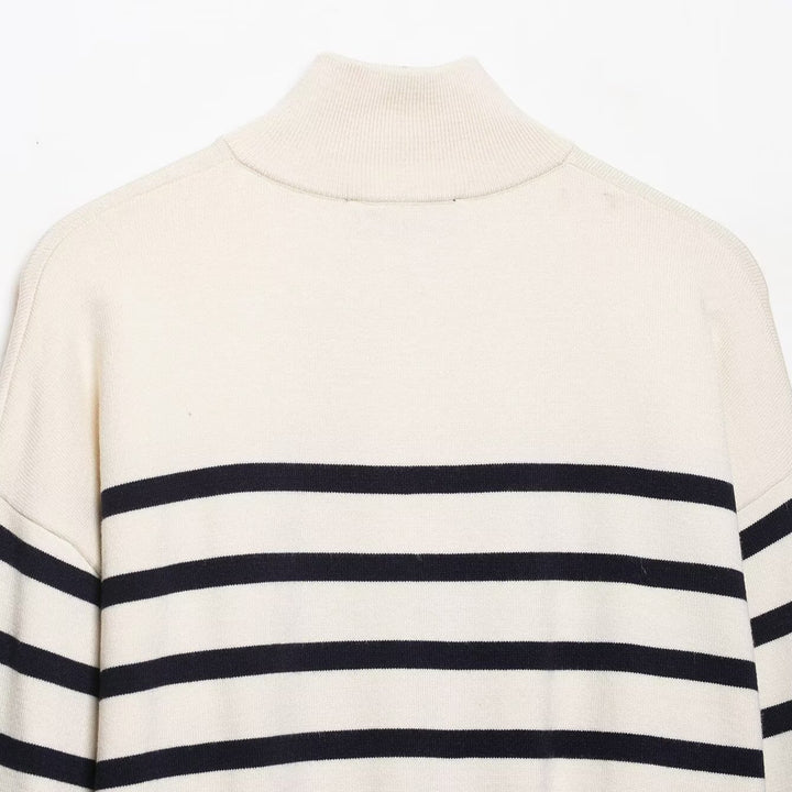 Women's Cropped Boxy Knit Sweater with Half Zipper, Stand Collar and Wide Stripes