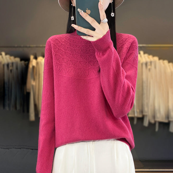 Women's Cozy Mohair Look Pullover with Decorative Structure on the Top and High Collar Mune Fashion