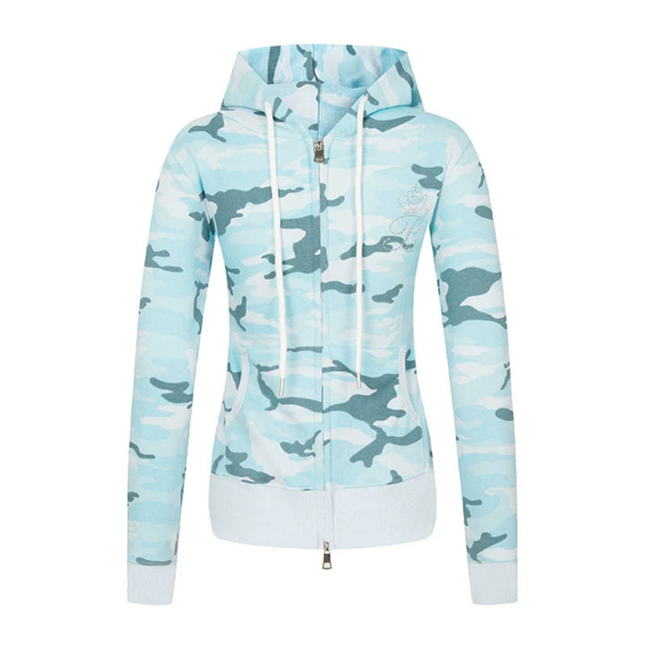 Women's hoodie sweatshirt jacket with two-way zipper, camouflage print and rhinestone butterfly Mune Fashion