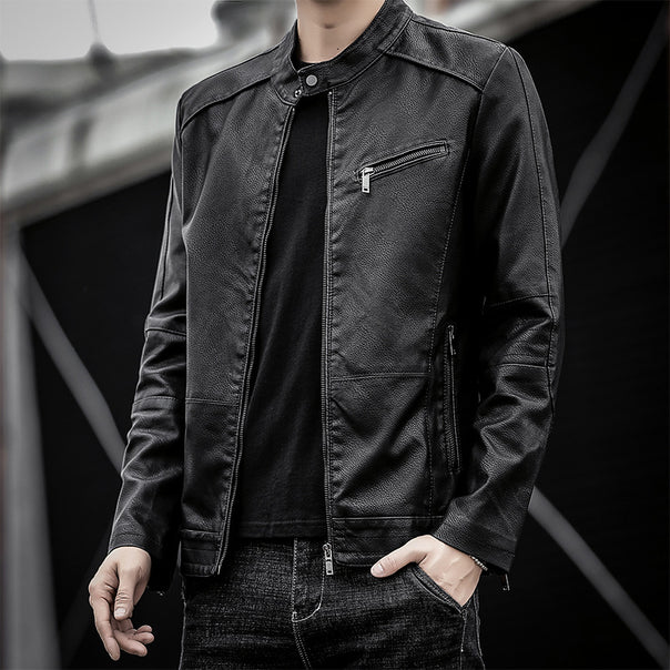 Men's Slim-Fit Faux Leather Moto Jacket with Stand Collar and Zipper Details Mune Fashion