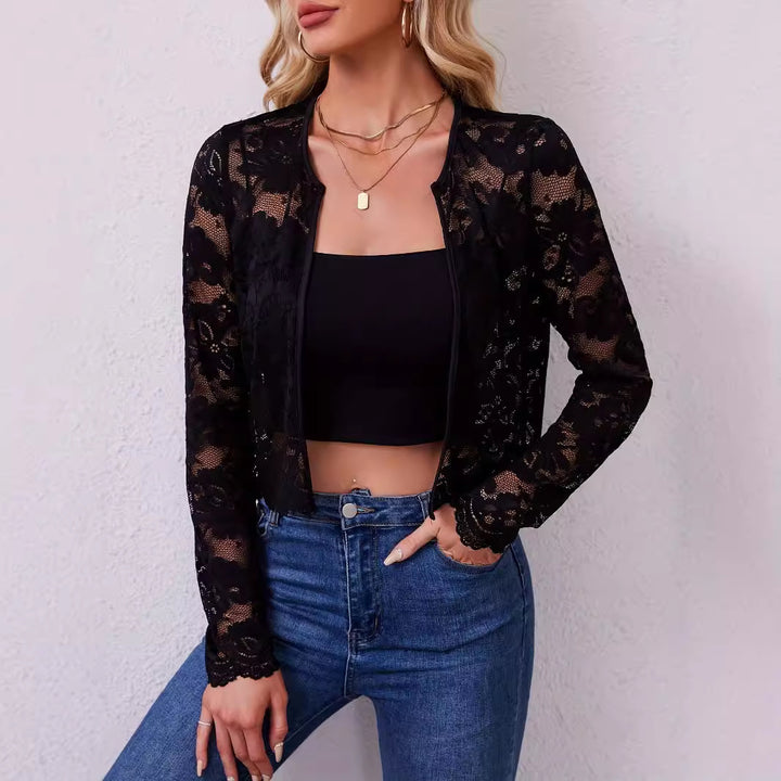 Women's short-cut transparent lace bolero jacket with floral lace and hook closure Mune Fashion