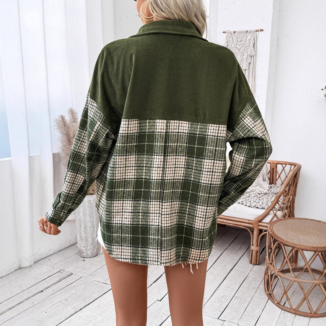 Women’s oversized check shirt jacket with corduroy collar and patch chest pockets Mune Fashion